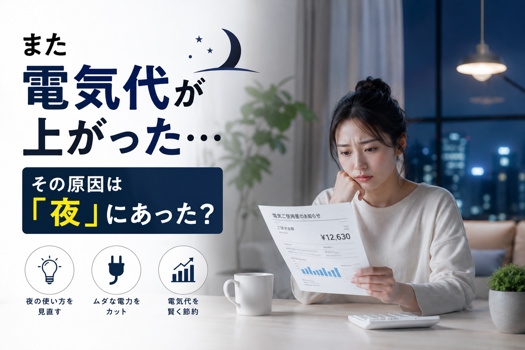 夜の部屋で電気料金の明細を見つめる女性と、「また電気代が上がった…その原因は“夜”にあった？」という節約訴求テキストを配置