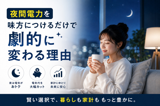 夜景が見える部屋で温かい飲み物を持つ女性と、「夜間電力を味方につけるだけで劇的に変わる理由」という節約訴求テキストを配置