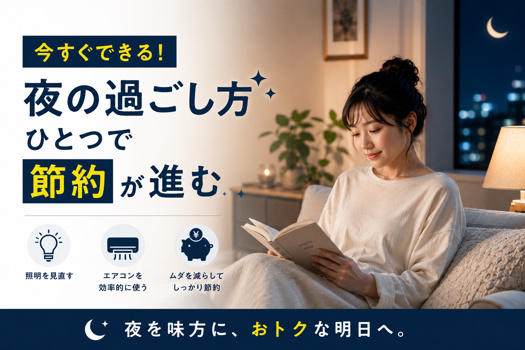 夜のリビングで本を読む女性と、「今すぐできる！夜の過ごし方ひとつで節約が進む」という節約訴求テキストを配置